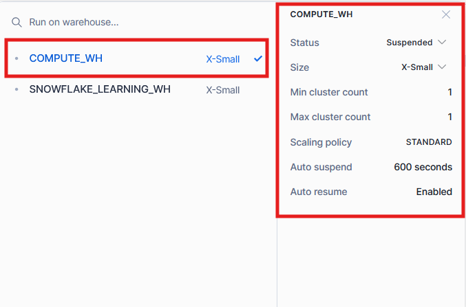 Snowflake virtual warehouse configuration parameters displaying compute resources and performance settings for data loading